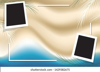 Photo frame with palms on top view sea and beach background.