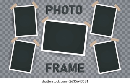 Photo frame with a paper clip and colored sticky tape, collage templates, birthday collage, collage art.Photo frames on transparent background