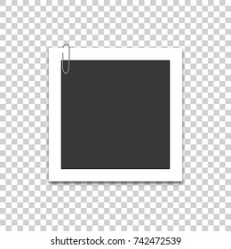 Photo frame with paper clip and shadow. Isolated on transparent background. Vector illustration.