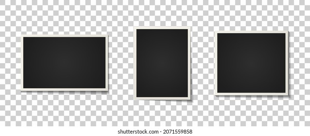 Photo frame. Paper picture, photoframe and photography. Old album with realistic photo frames. Blank mockup with shadow for photograph, scrapbook and memory on transparent background. Vector.