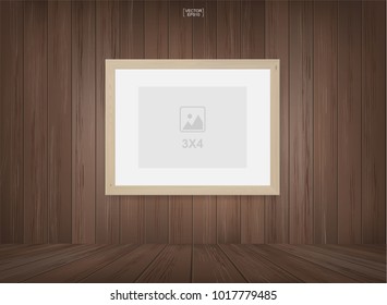 Photo frame or picture frame background in wooden room space. Vintage interior for background. Vector illustration.