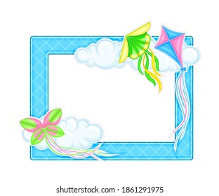 Photo Frame or Picture Frame Decorated with Clouds and Flying Kites Vector Illustration