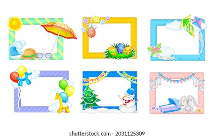 Photo Frame or Picture Frame Decorated with Elements Vector Set