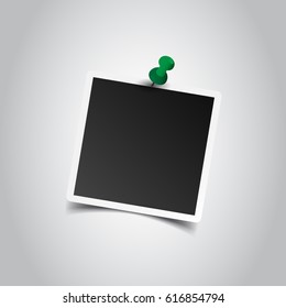 Photo frame with pin on gray background. For your photography and picture. Vector illustration