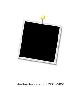 Photo frame with pin on white background with shadow effect. Template, blank.