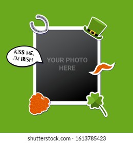 Photo frame to put your picture decorated with St. Patrick's  stickers symbols. Great for scrapbook or photography album. Vector illustration. 