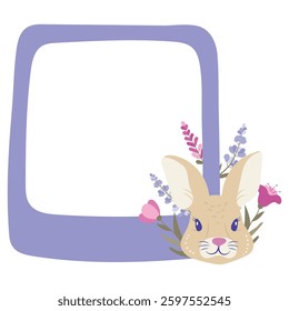 Photo frame with rabbit and flowers, vector illustration on the white background
