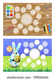 A photo frame of a rabbit on the lawn and a table with pencils. Horizontal illustration for your design.