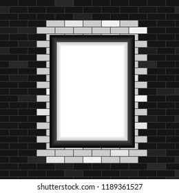 Photo frame, realistic photo frame on a brick wall background. Flat design, vector illustration.