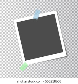Photo frame retro with shadow on sticky tape on transparent background, vector template