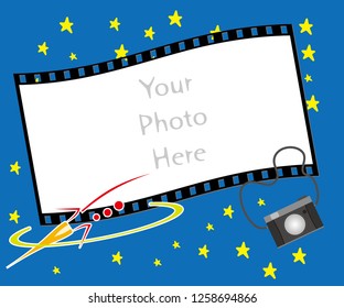 Photo frame with rocket in the space with stars