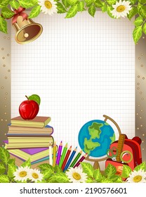 Photo frame with school supplies.Vector illustration with books, globe and stationery in frame decor for school photo.