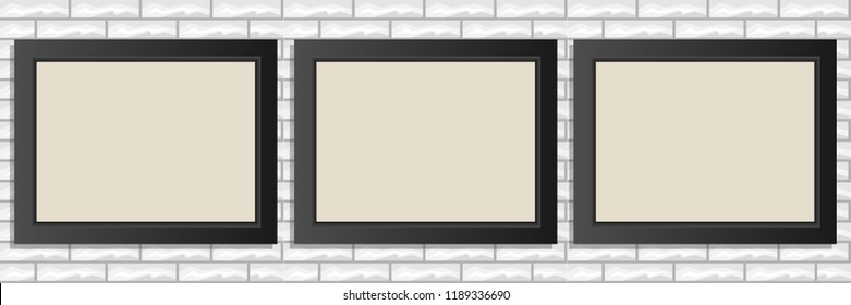Photo frame, a set of black photo frames on a brick wall background. Vector illustration, vector.