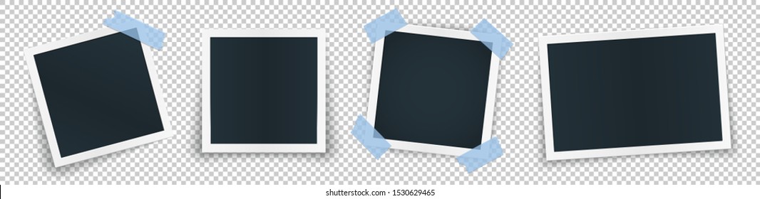 Photo frame set with blank place with blue sticker. Rotated photo frame concept, single isolated vintage object with adhesive tape. Vector detailed illustration of edge for images and pictures.

