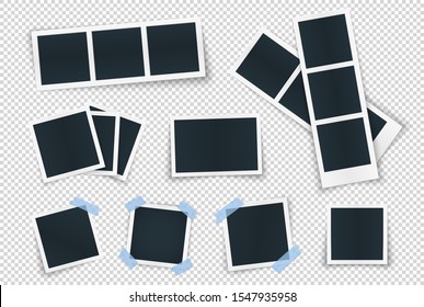 Photo frame set with blank place with blue sticker. Rotated photo frame collection, single isolated vintage object with adhesive tape. Vector detailed illustration of edge for images and pictures.