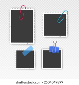 Photo frame set with blank place with sticky tape, paper clip, binder clip on transparent background, Photo frame illistrations on light