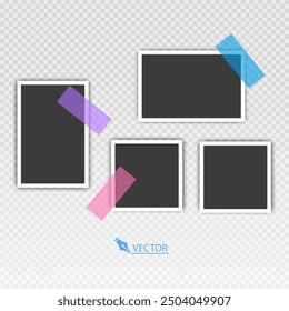 Photo frame set with blank place with sticky tape, paper clip, binder clip on transparent background, Photo frame illistrations on light