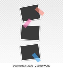 Photo frame set with blank place with sticky tape, paper clip, binder clip on transparent background, Photo frame illistrations on light