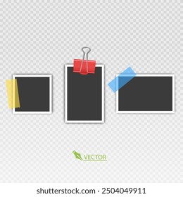 Photo frame set with blank place with sticky tape, paper clip, binder clip on transparent background, Photo frame illistrations on light