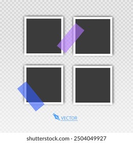 Photo frame set with blank place with sticky tape, paper clip, binder clip on transparent background, Photo frame illistrations on light