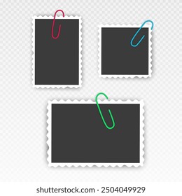 Photo frame set with blank place with sticky tape, paper clip, binder clip on transparent background, Photo frame illistrations on light