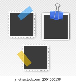 Photo frame set with blank place with sticky tape, paper clip, binder clip on transparent background, Photo frame illistrations on light