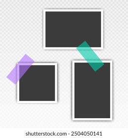 Photo frame set with blank place with sticky tape, paper clip, binder clip on transparent background, Photo frame illistrations on light