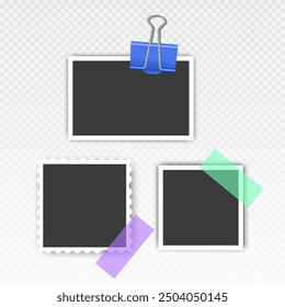 Photo frame set with blank place with sticky tape, paper clip, binder clip on transparent background, Photo frame illistrations on light