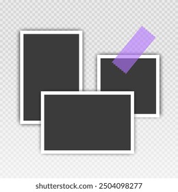 Photo frame set with blank place with sticky tape, paper clip, binder clip on transparent background, Photo frame illustrations on light