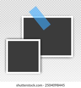 Photo frame set with blank place with sticky tape, paper clip, binder clip on transparent background, Photo frame illustrations on light