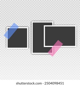 Photo frame set with blank place with sticky tape, paper clip, binder clip on transparent background, Photo frame illustrations on light
