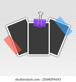 Photo frame set with blank place with sticky tape, paper clip, binder clip on transparent background, Photo frame illustrations on light