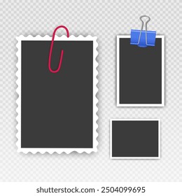 Photo frame set with blank place with sticky tape, paper clip, binder clip on transparent background, Photo frame illustrations on light