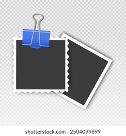 Photo frame set with blank place with sticky tape, paper clip, binder clip on transparent background, Photo frame illustrations on light
