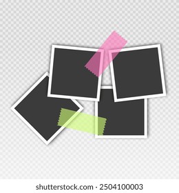 Photo frame set with blank place with sticky tape, paper clip, binder clip on transparent background, Photo frame illustrations on light