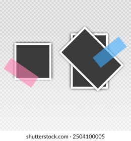 Photo frame set with blank place with sticky tape, paper clip, binder clip on transparent background, Photo frame illustrations on light