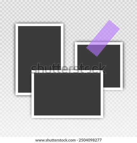 Photo frame set with blank place with sticky tape, paper clip, binder clip on transparent background, Photo frame illustrations on light