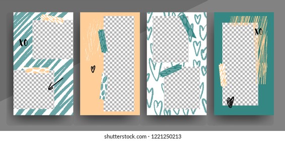 Photo Frame Set. Editable Instagram Stories Template With Brush Textures For Your Photo. Hahd Drawn Illustration.