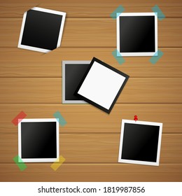 Photo Frame Set. The template for your photo is isolated on a wooden plank background. Vector illustration.