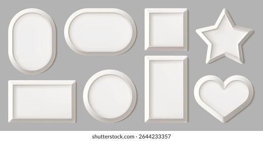 Photo frame set. White picture on beige wall, vector mock up. 3d isolated wooden modern poster layout template. Round rectangular, square star, heart ovals shapes of realistic shadow gallery decor
