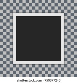 Photo frame with shadow. white plastic border. abstract square. transparent checkerboard background. vector illustration
