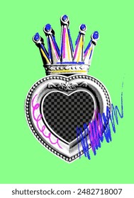 Photo frame in the shape of a heart and a crown. Halftone effect. Naive scribbles with crayon, chalk or marker. Vector illustration of a carved rectangular frame in retro collage style.