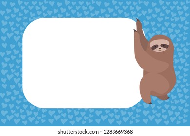 Photo frame with sloth. Decoration element for design. Shape for family photo in album. Flat vector illustration