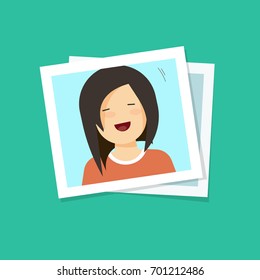 Photo frame with smiling happy girl flat cartoon style vector illustration