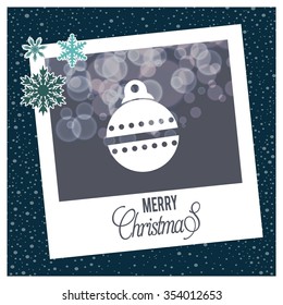 photo frame with Snowflake border and creative typography in footer on glowing Vector background, Vintage card with Christmas balls. vector illustration, Christmas Ball Ornaments card Design
