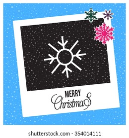 photo frame with Snowflake border and creative typography in footer on glowing Vector background, Merry Christmas Greetings Card Design with Snow Flakes