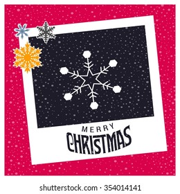 photo frame with Snowflake border and creative typography in footer on glowing Vector background, Merry Christmas Greetings Card Design with Snow Flakes