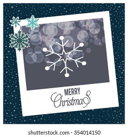 photo frame with Snowflake border and creative typography in footer on glowing Vector background, Merry Christmas Greetings Card Design with Snow Flakes