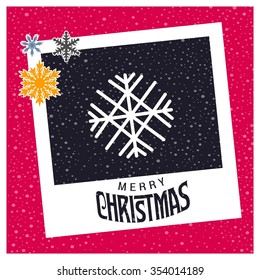 photo frame with Snowflake border and creative typography in footer on glowing Vector background, Merry Christmas Greetings Card Design with Snow Flakes