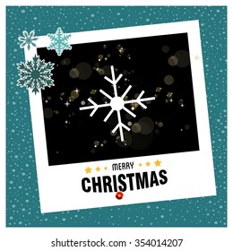 photo frame with Snowflake border and creative typography in footer on glowing Vector background, Merry Christmas Greetings Card Design with Snow Flakes